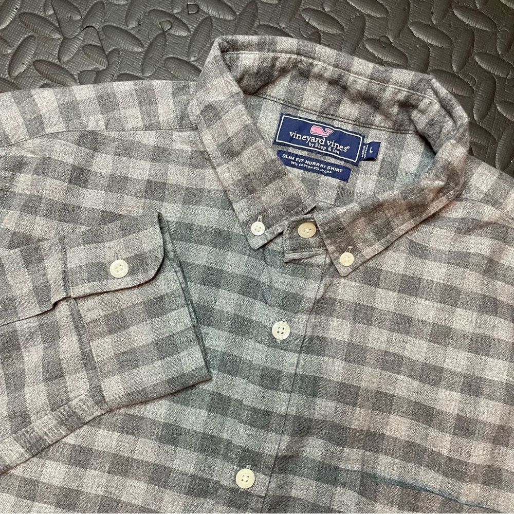 Vineyard Vines Men’s Slim Fit Murray Button Down‎ Shirt Grey Check Pattern Large